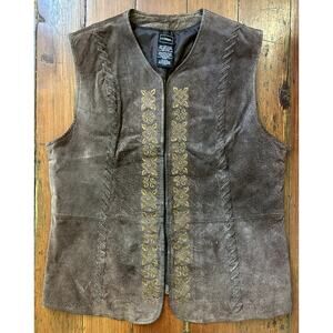 Vintage Boho Brown Leather Embroidered Gold Flower Detail Vest Women's Large